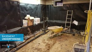Basement underpinning, Toronto project. Interior waterproofing process after lowering